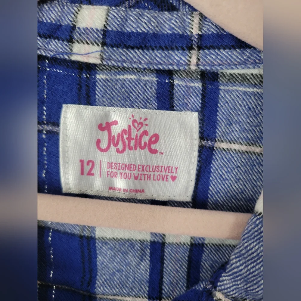 NWOT Justice Girls Blue White Black Pink Plaid Button-Up Shirt 12 Embellished